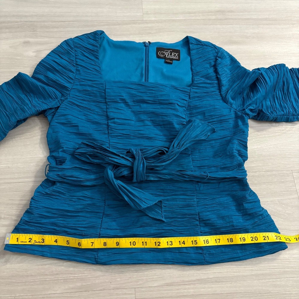 Alex Evenings Top Womens Teal Blue Textured Tie Waist Square Neck Blouse Top L - Picture 8 of 14